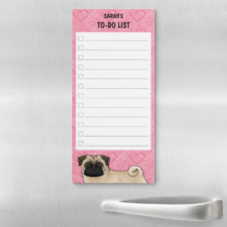 Fawn Pug Dog Cute Mops Pink Love Hearts To-Do List Magnetic Notepad