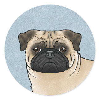 Fawn Pug Dog Head Close-Up Cartoon Illustration Classic Round Sticker