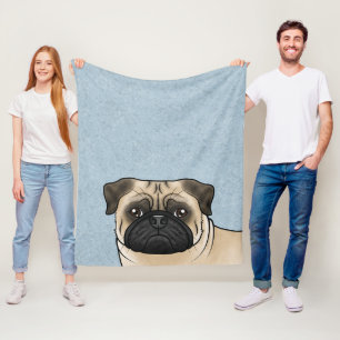 Fawn Pug Dog Head Close-Up Cartoon Illustration Fleece Blanket
