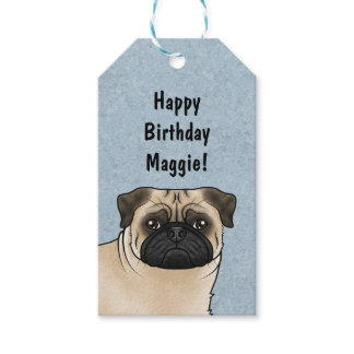 Fawn Pug Dog Head Close-up Happy Birthday Blue Gift Tags