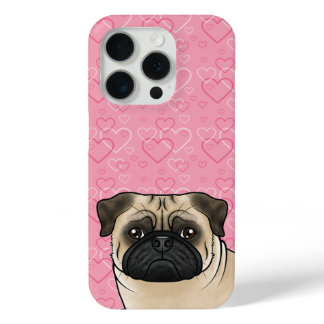 Fawn Pug Dog Head Close-Up On Pink Love Hearts iPhone 15 Pro Case