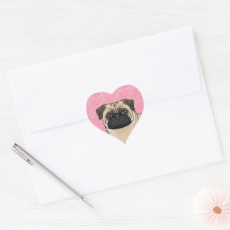 Fawn Pug Dog Head Close-Up On Pink Love Hearts Heart Sticker