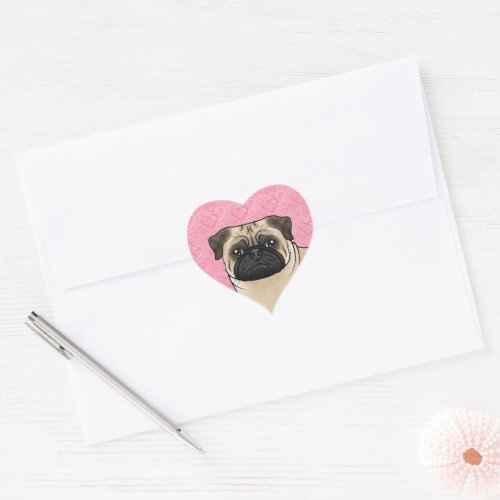 Fawn Pug Dog Head Close_Up On Pink Love Hearts Heart Sticker