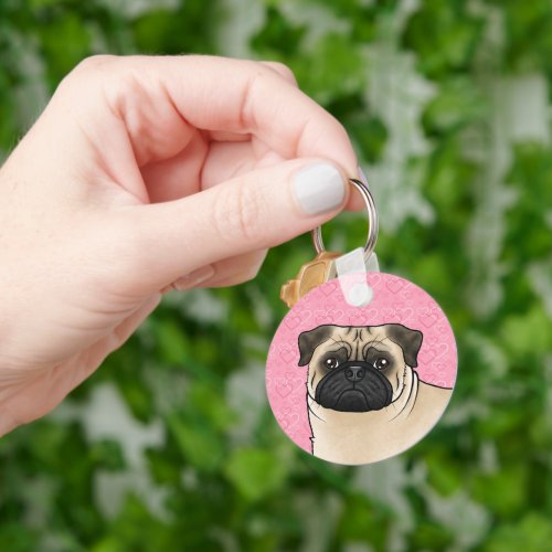 Fawn Pug Dog Head Close_Up On Pink Love Hearts Keychain