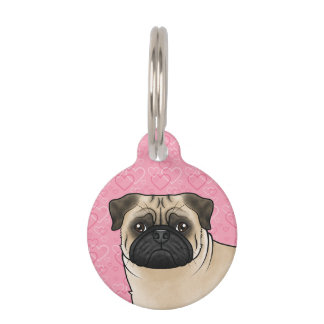 Fawn Pug Dog Head Close-Up On Pink Love Hearts Pet ID Tag