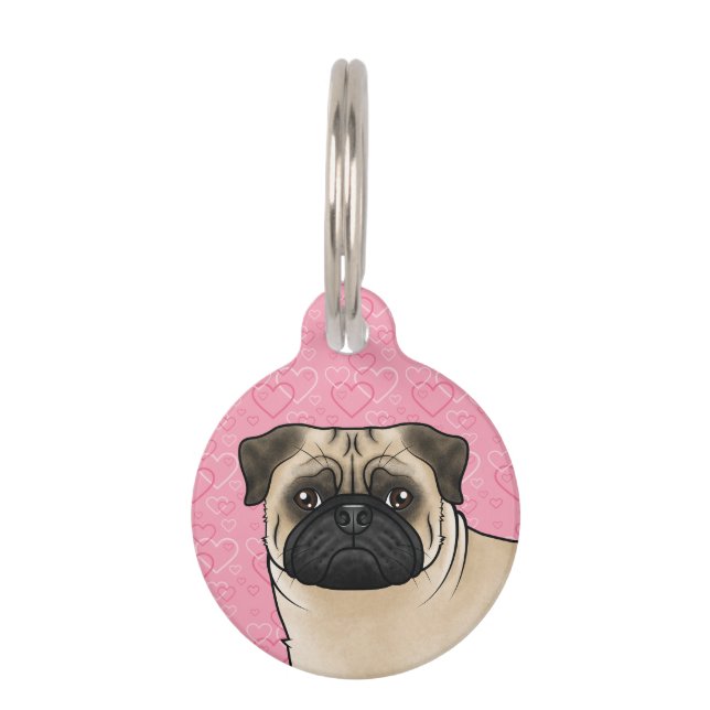 Fawn Pug Dog Head Close-Up On Pink Love Hearts Pet ID Tag (Front)