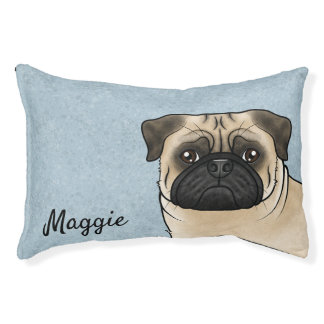 Fawn Pug Dog Head Close-Up With Custom Name Blue Pet Bed