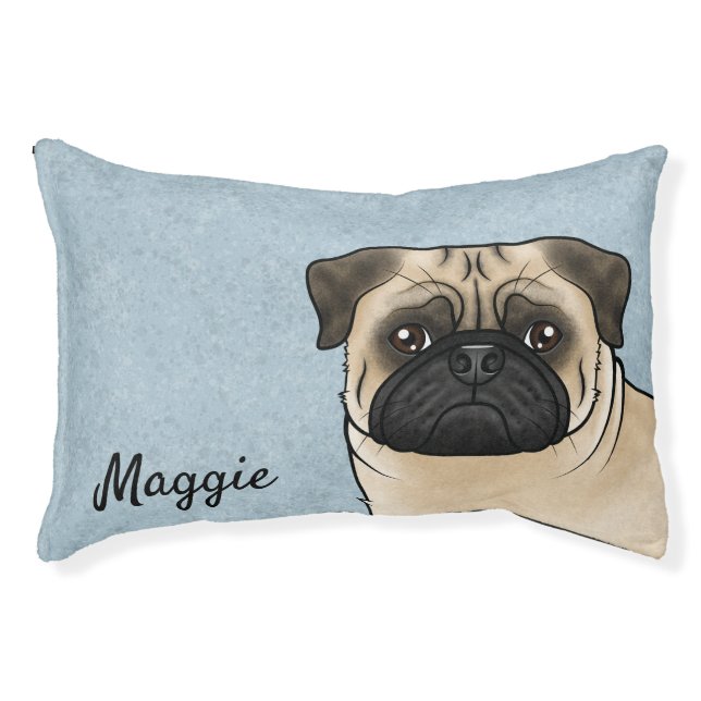 Fawn Pug Dog Head Close-Up With Custom Name Blue Pet Bed (Front)