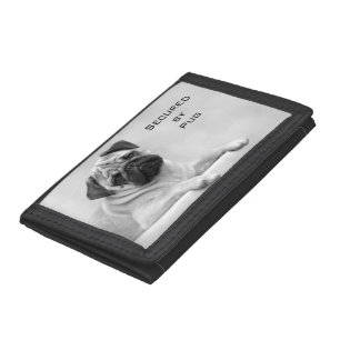 Fawn Pug Dog Looking front. Black and White Tri-fold Wallet