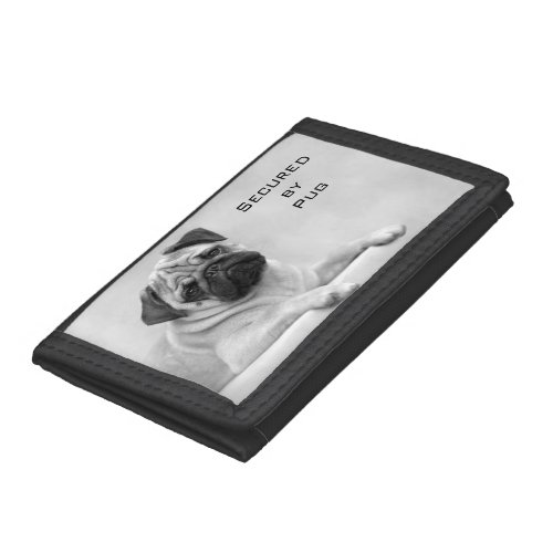 Fawn Pug Dog Looking front Black and White Tri_fold Wallet