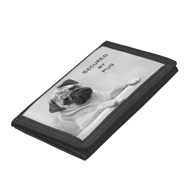 Fawn Pug Dog Looking front. Black and White Tri-fold Wallet (Bottom)
