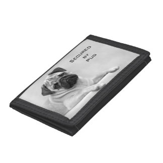 Fawn Pug Dog Looking front. Black and White Trifold Wallet