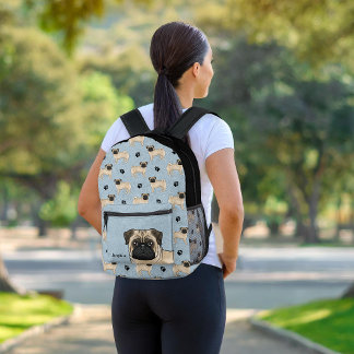 Fawn Pug Dog Mops Design Pattern With Name Blue Printed Backpack
