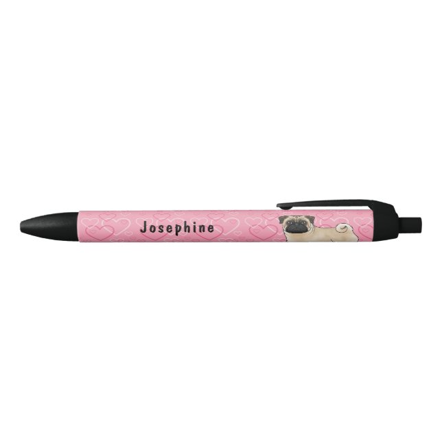 Fawn Pug Dog Pink Love Hearts Pattern With Name Pen (Top)