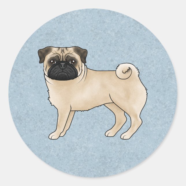 Fawn Pug Dog Standing Cute Cartoon Illustration Classic Round Sticker (Front)