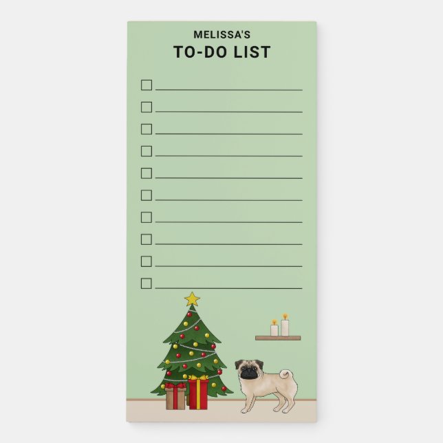 Fawn Pug Dog With A Christmas Tree To-Do List Magnetic Notepad (Front)