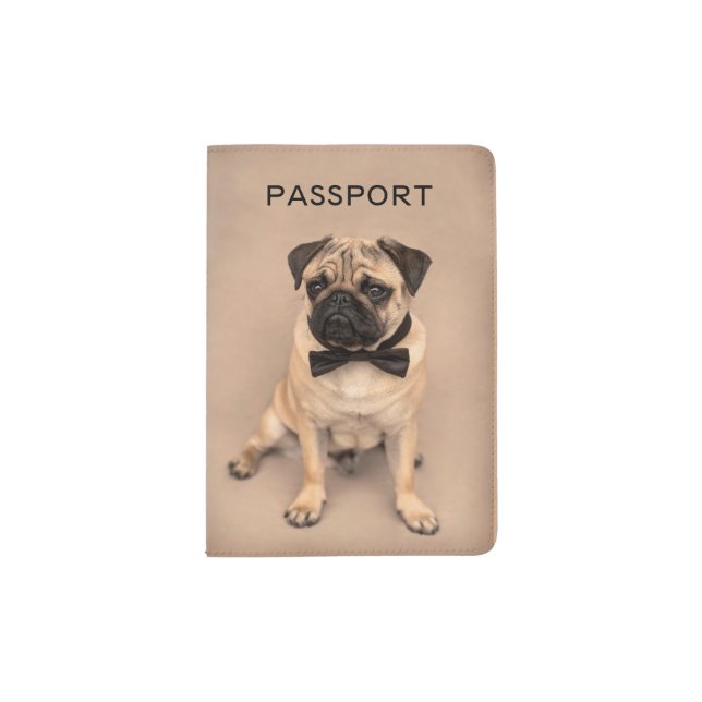 Fawn Pug Dog with Bow Tie Passport Holder (Front)