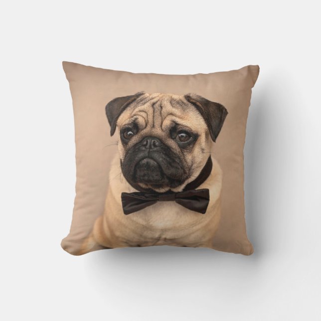 Fawn Pug Dog with Bow Tie Throw Pillow (Front)