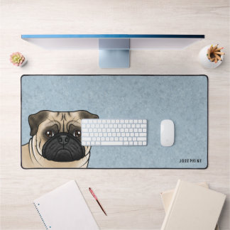 Fawn Pug Head Cartoon Dog With Custom Name Blue Desk Mat