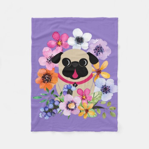 Fawn Pug in Spring Flowers Fleece Blanket