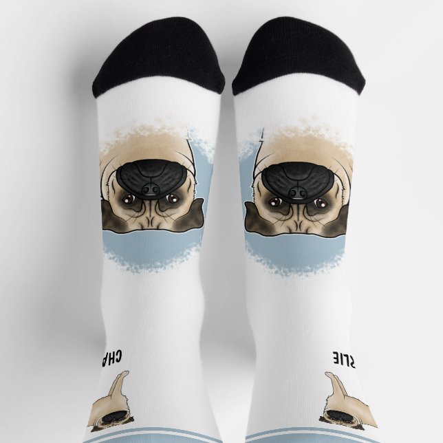 Fawn Pug Mops Dog Breed Design And Name Blue White Socks (Top)