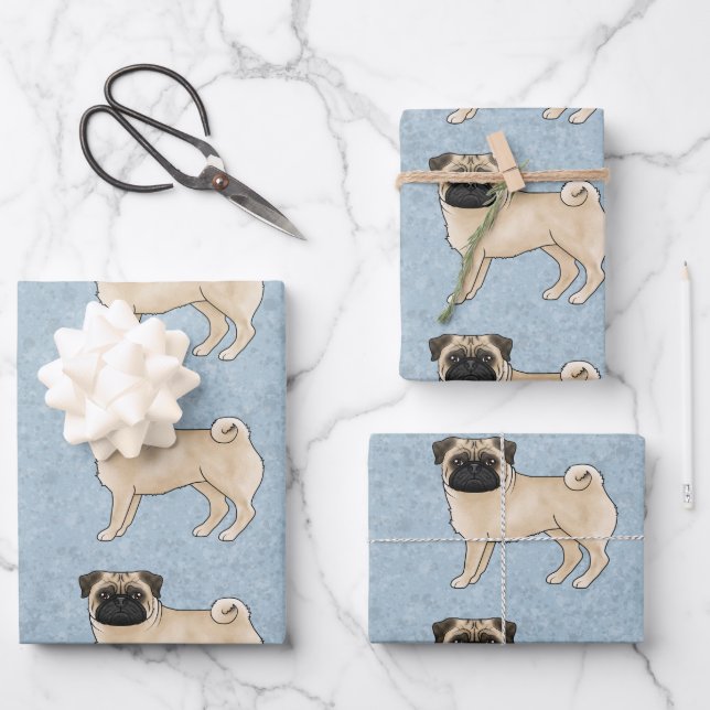 Fawn Pug Mops Dog Breed Design Pattern On Blue Wrapping Paper Sheets (Front)