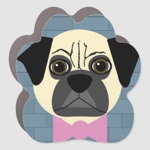 Fawn Pug, Pink Bowtie, Blue Brick Car Magnet