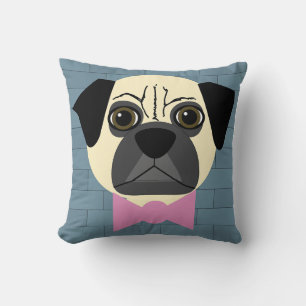 Fawn Pug, Pink Bowtie, Blue Brick Throw Pillow
