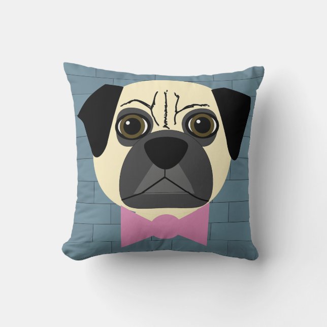 Fawn Pug, Pink Bowtie, Blue Brick Throw Pillow (Front)