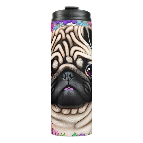 Fawn Pug Surrounded By Flowers Thermal Tumbler
