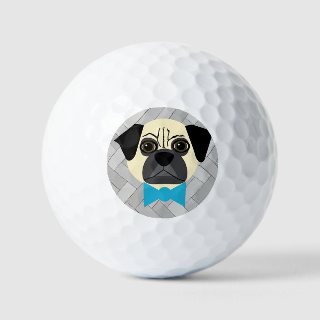 Fawn Pug with bowtie, Herringbone grey Golf Balls (Front)