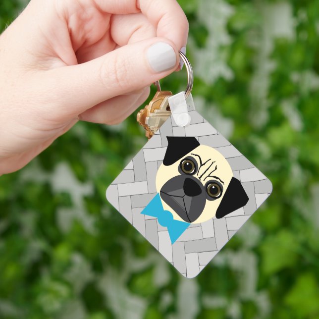 Fawn Pug with bowtie, Herringbone grey Keychain (Hand)
