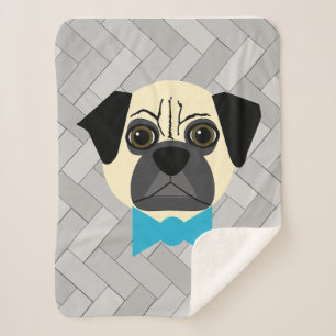 Fawn Pug with bowtie, Herringbone grey Sherpa Blanket
