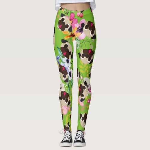 Fawn Pugs Flowers Pattern On Green Leggings