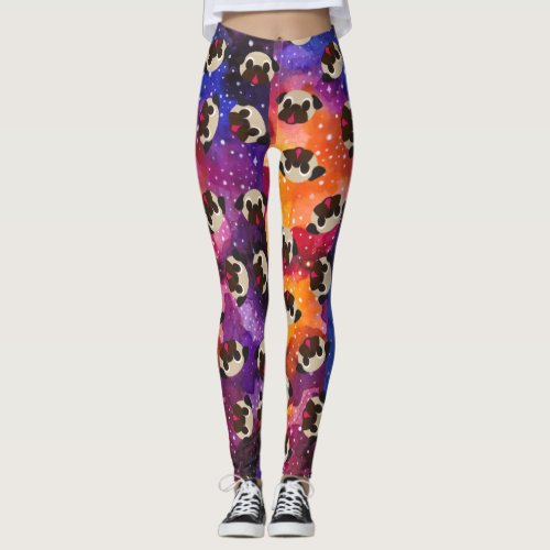 Fawn Pugs on Cosmic Space Background Leggings