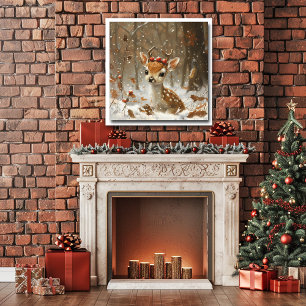 Fawn Red Berries Snow Forest Falling Leaves Poster