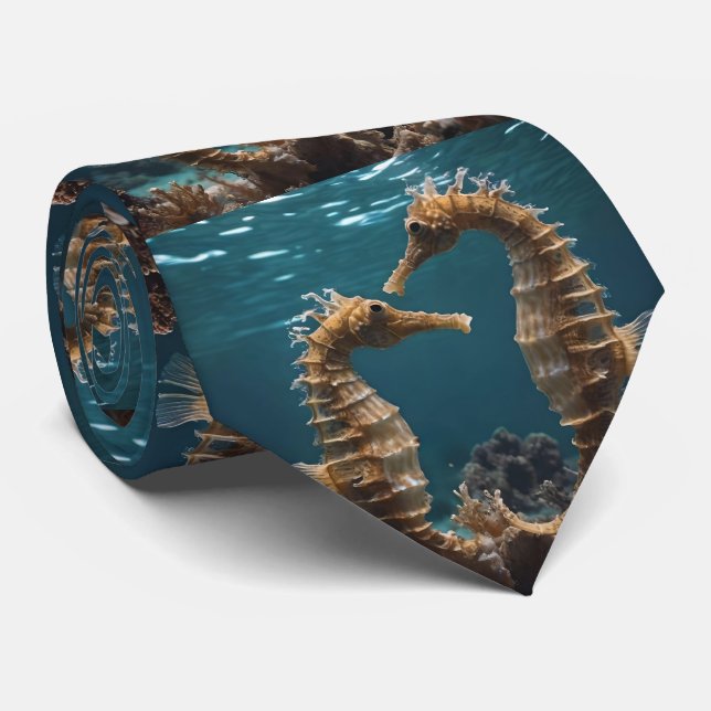 Fawn Romantic Seahorses Under The Ocean,  Neck Tie (Rolled)