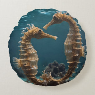 Fawn Romantic Seahorses Under The Ocean, Round Pillow