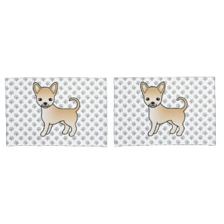Fawn Smooth Coat Chihuahua Cartoon Dog &amp; Paws Pillow Case