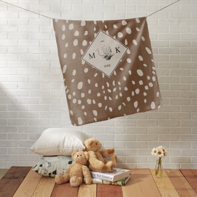 Fawn Spots Baby Deer Animal Print Pattern Monogram Blanket (In Situ)