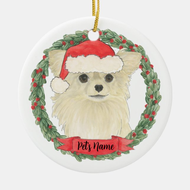 Fawn Tan Cream Long Haired Chihuahua Christmas Ceramic Ornament (Front)