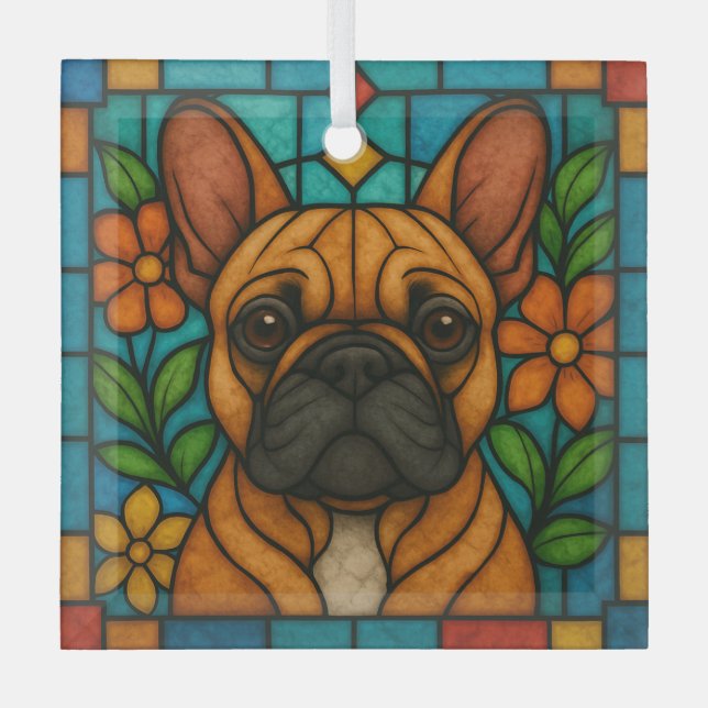 Fawn/White French Bulldog Dog "Stained Glass" Glass Ornament (Front)