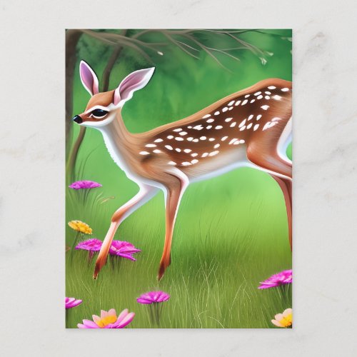 Fawns Chasing and Playing in a 3D Field of Flowers Postcard