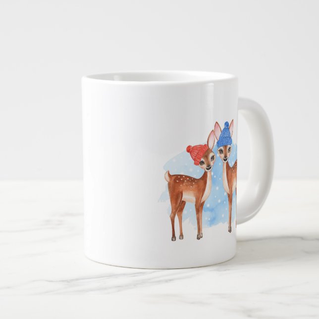 Fawns. Winter Large Coffee Mug (Front Right)