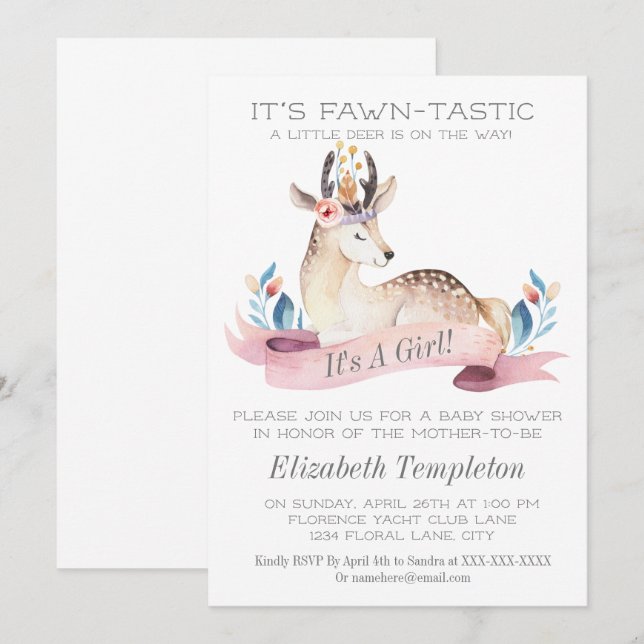 Fawntastic Deer It's A Girl Baby Shower Invitation (Front/Back)