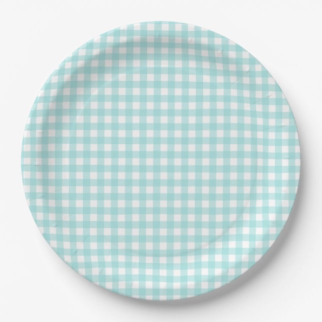 Faye and Lauren Aqua Blue Gingham Paper Plates (Front)