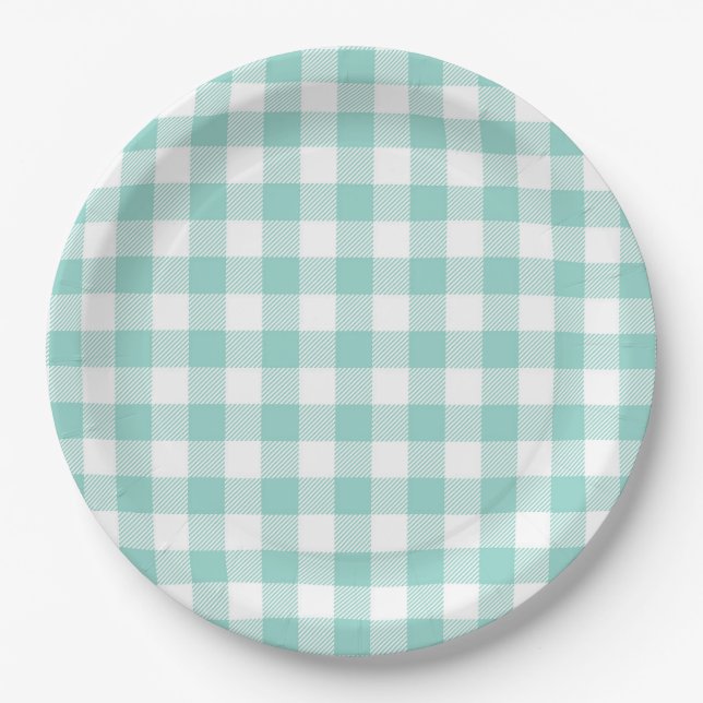 Faye and Lauren Aqua Plaid Paper Plates (Front)