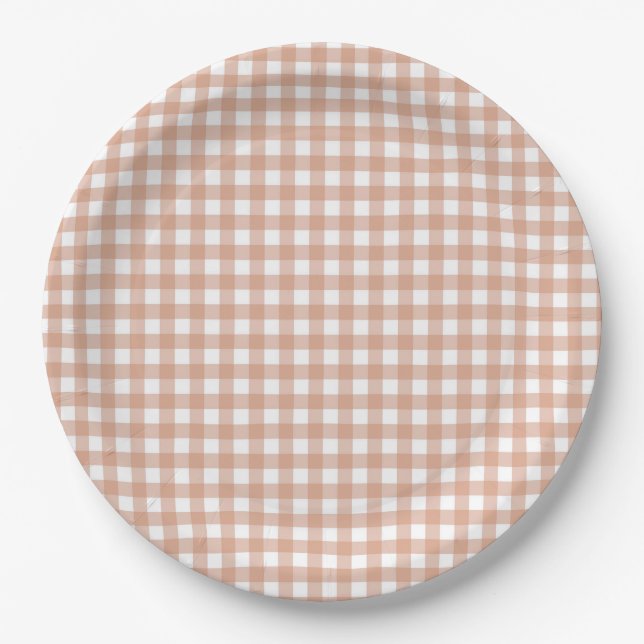 Faye and Lauren Fall Light Brown Gingham Paper Plates (Front)
