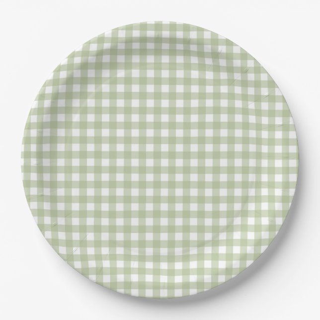 Faye and Lauren Fall Light Green Gingham Paper Plates (Front)