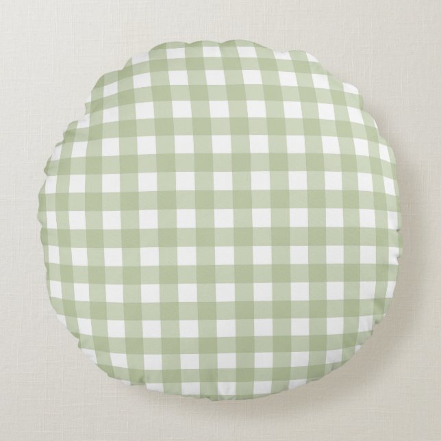 Faye and Lauren Green Gingham Round Pillow (Front)